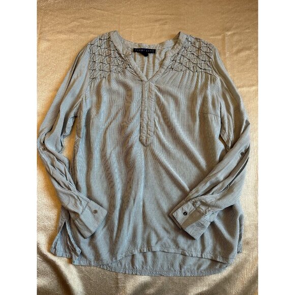 Bandolino Womens Blouse Sz Medium Long Sleeve Striped V Neck Blue White Preppy - Picture 2 of 9